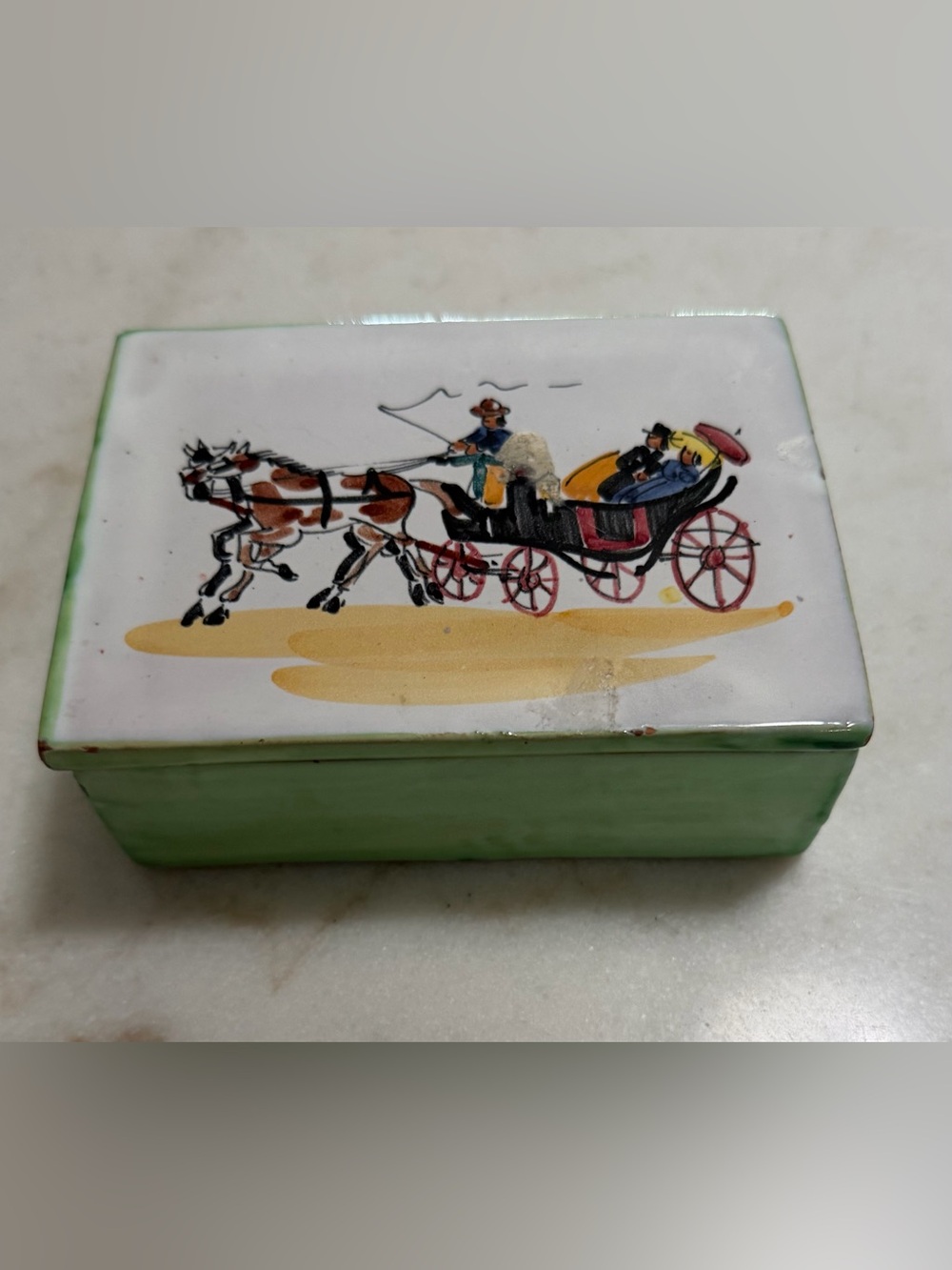 Vintage Hand Painted Porcelain Trinket Box Made In Italy Horse and Carriage